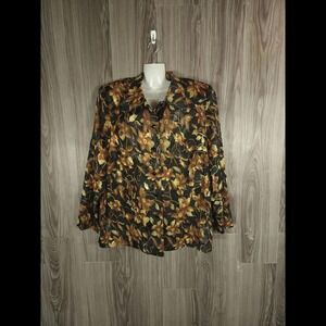 HBS Collection Woman Gold Floral Jacquard Button Up Blouse Metallic Black 16W